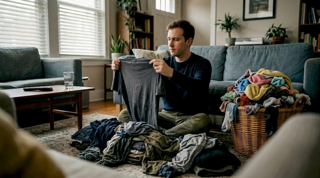 Man sorting clothing for upcycling in living room