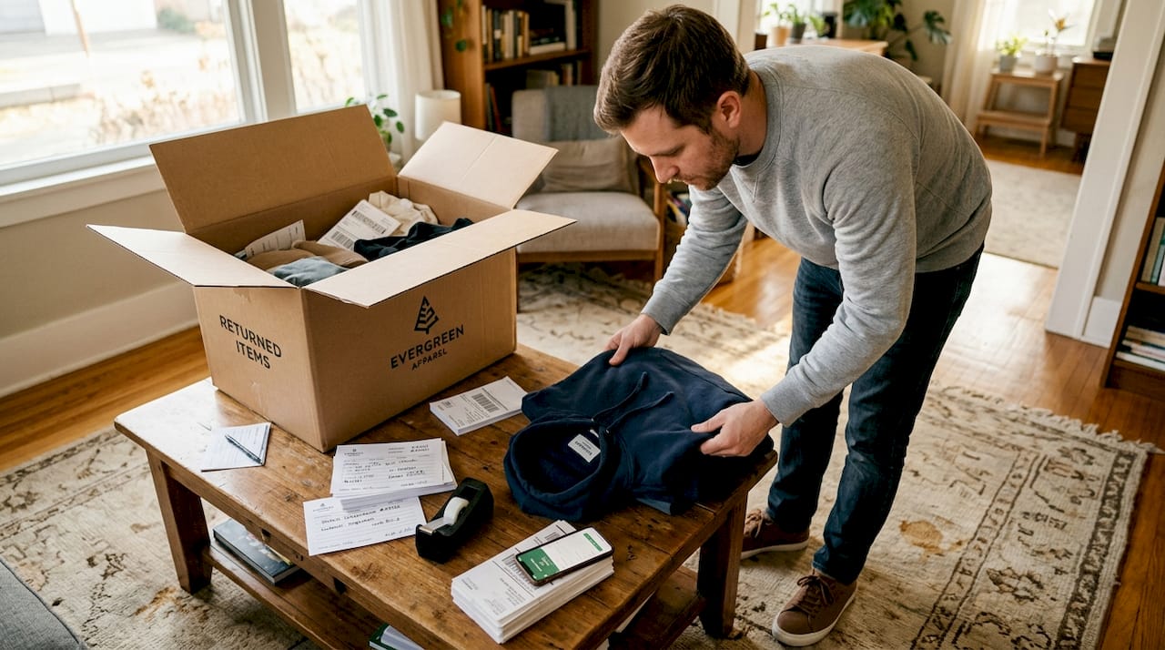 Man inspecting returned clothing near shipping box