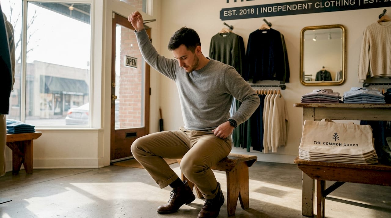 Man testing fit of practical clothes