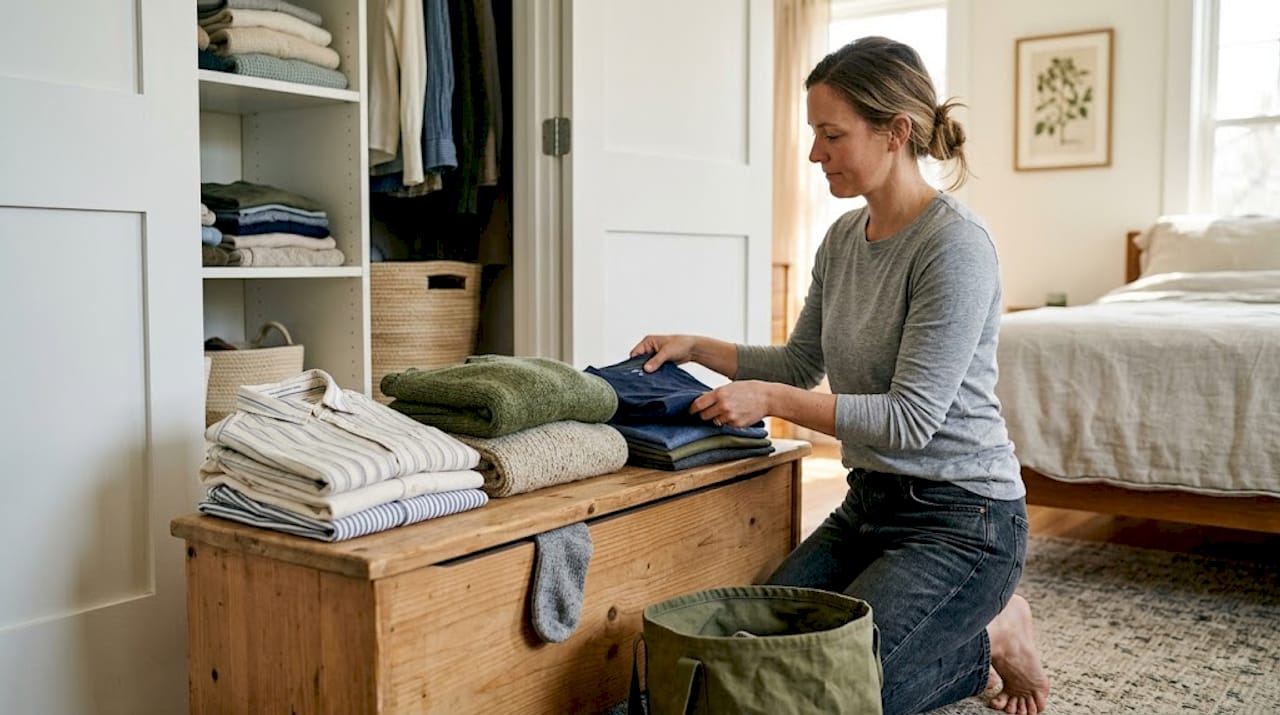 Woman sorting cotton, wool, recycled shirts