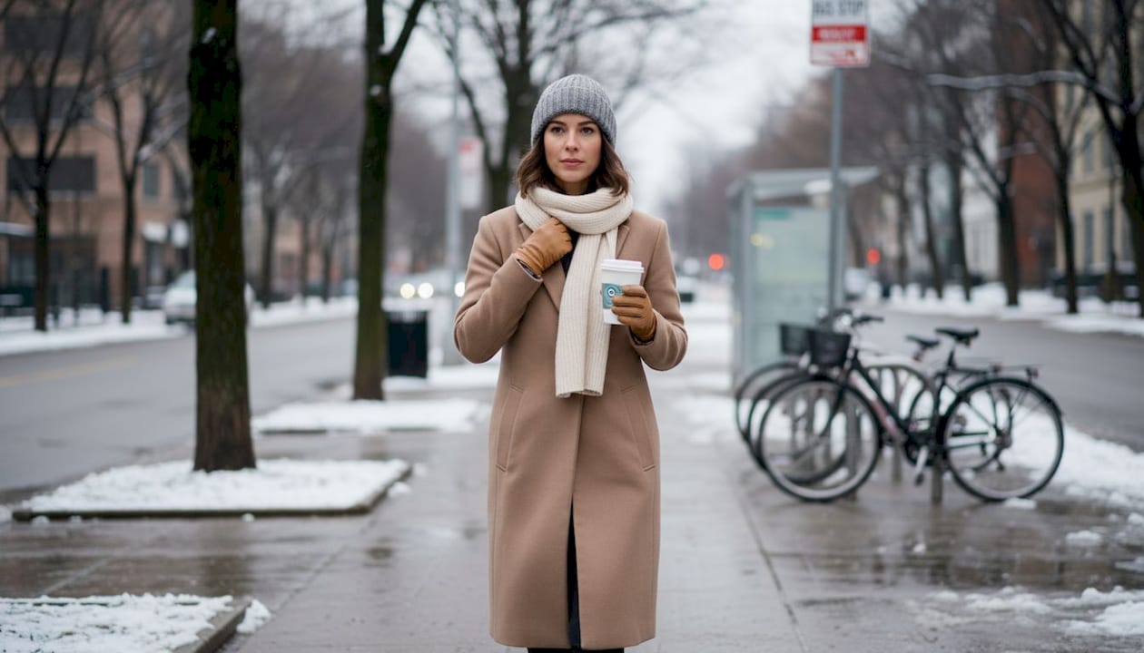 Woman wearing minimal winter accessories on city street