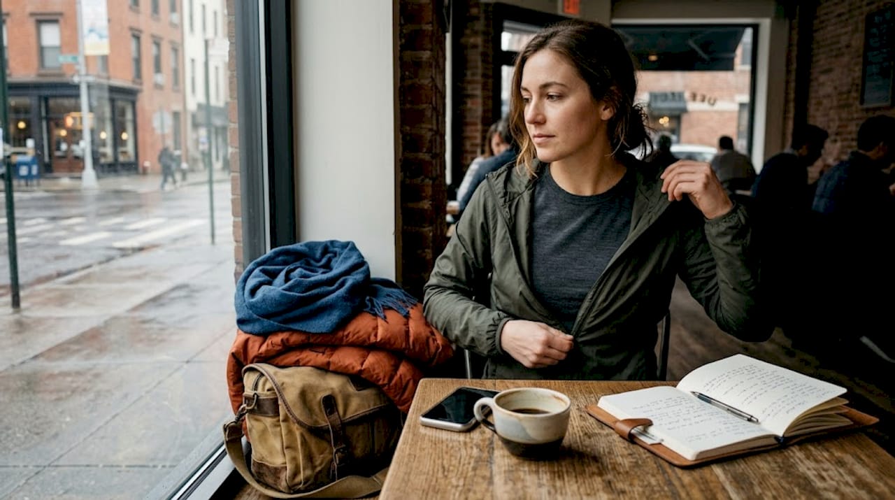 Woman removing shell jacket in café