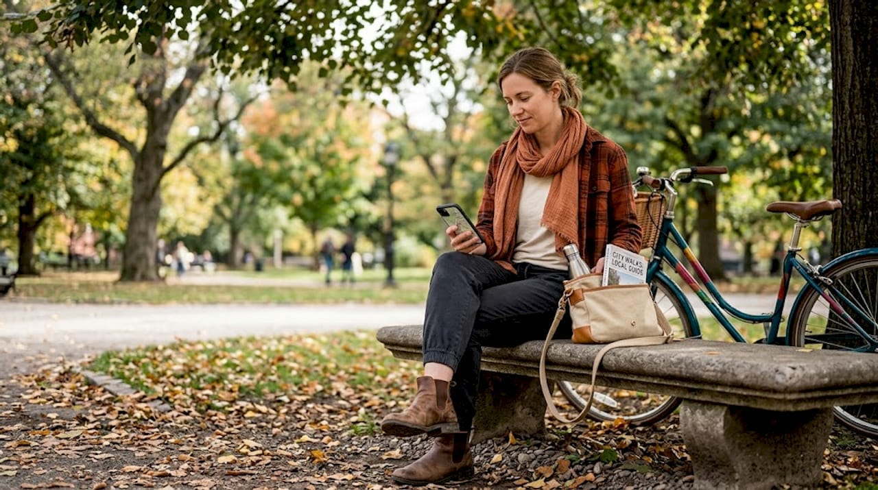 Layered urban casual look at city bench