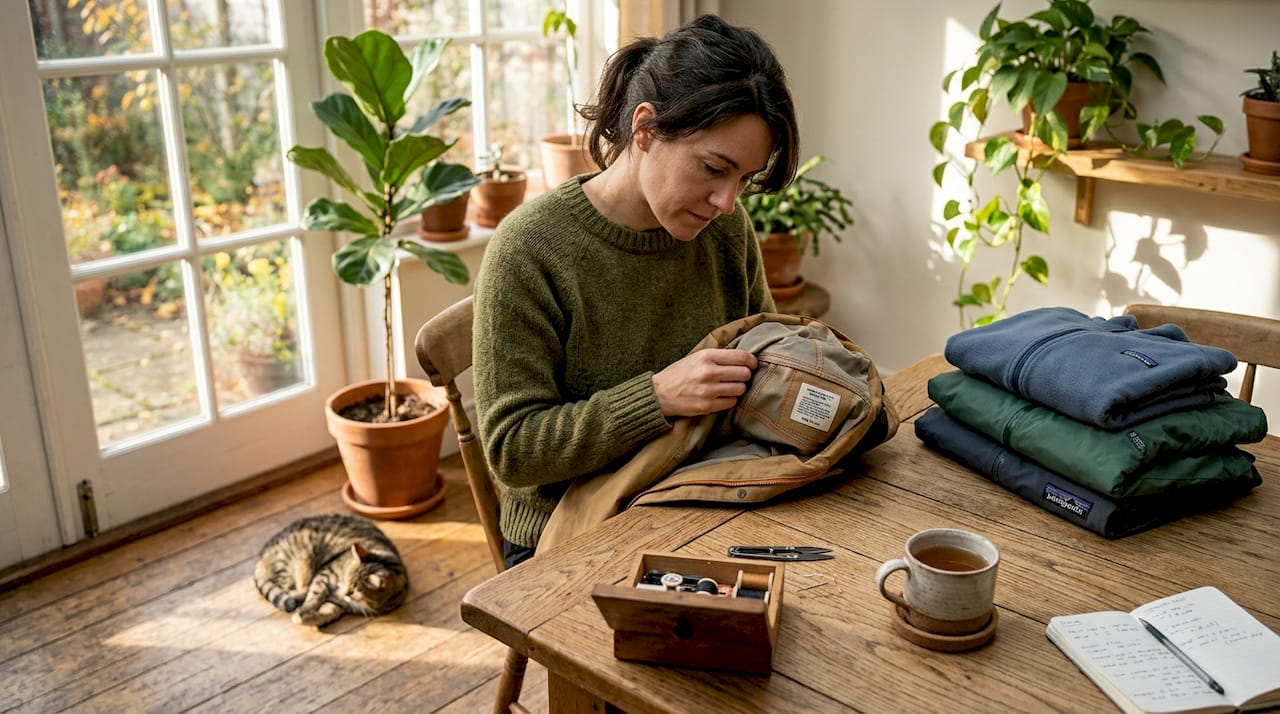 Woman checking outdoor jacket construction