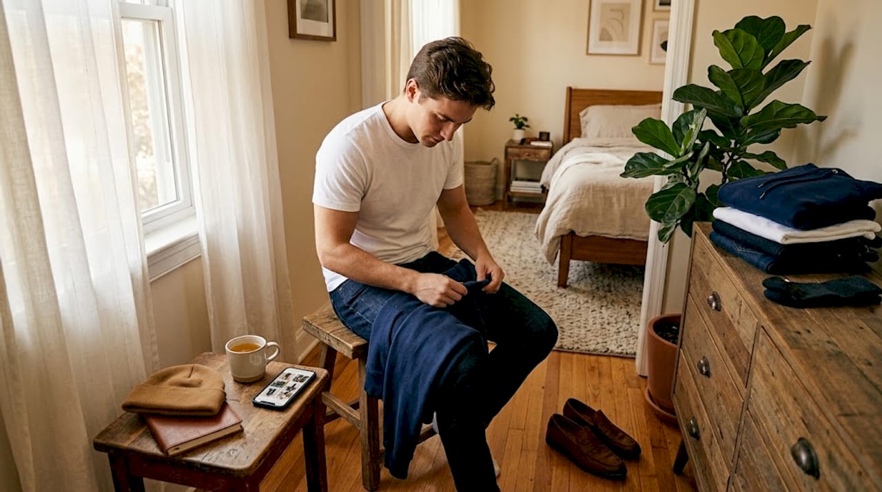 Man mixing and matching wardrobe staples on sofa