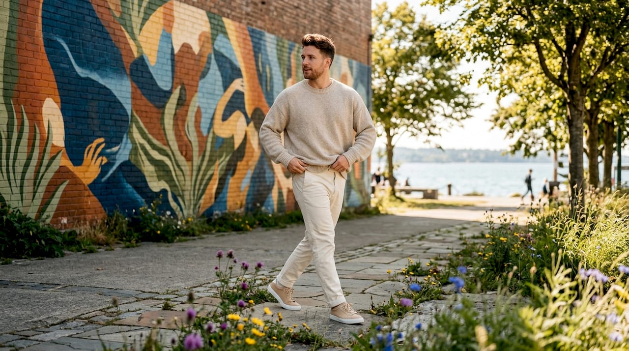 Man in oversized pullover on city sidewalk