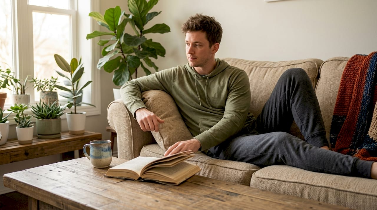 Man feeling fleece pullover texture on sofa