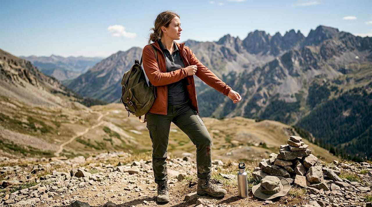 Woman layering jacket over outdoor polo