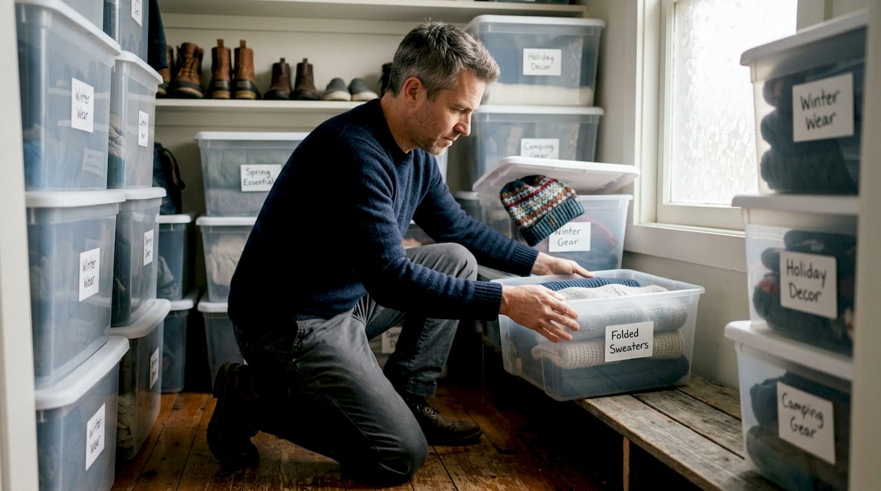 Man organizing off-season clothes in closet bins