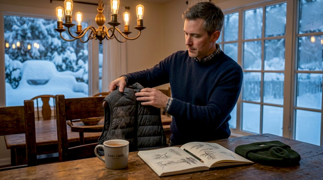 Man layering and adjusting winter clothes indoors
