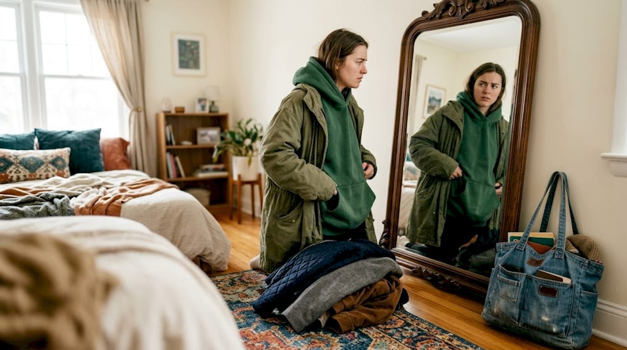 Man struggling with bulky hoodie layering