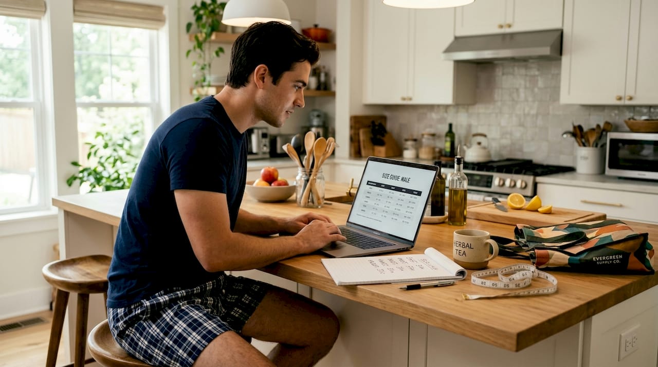 Young man reading brand size chart on laptop