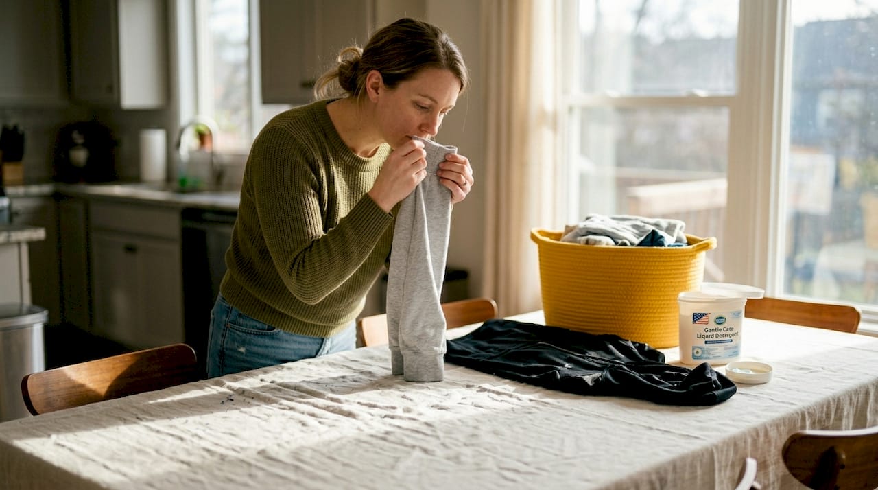 Person inspecting hoodie fabrics at kitchen table