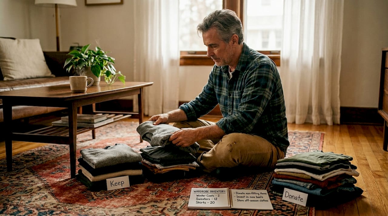 Man sorting clothes for wardrobe audit