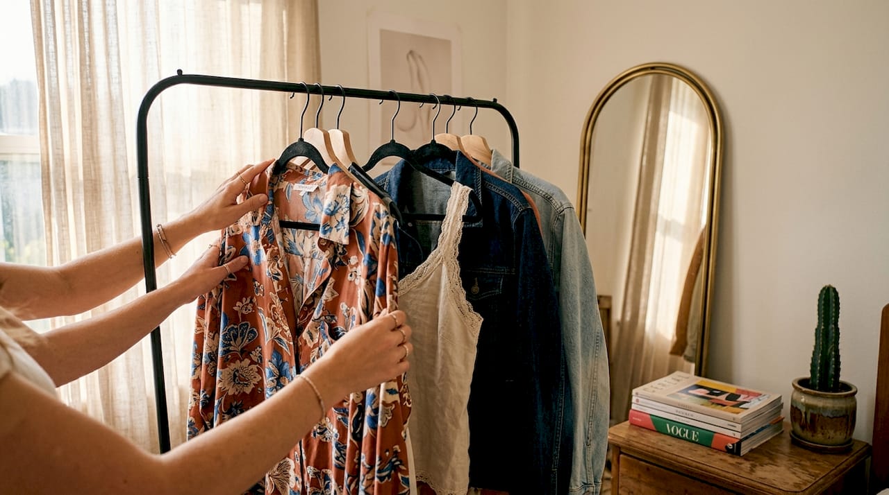 Hands mixing gender-fluid clothing layers indoors