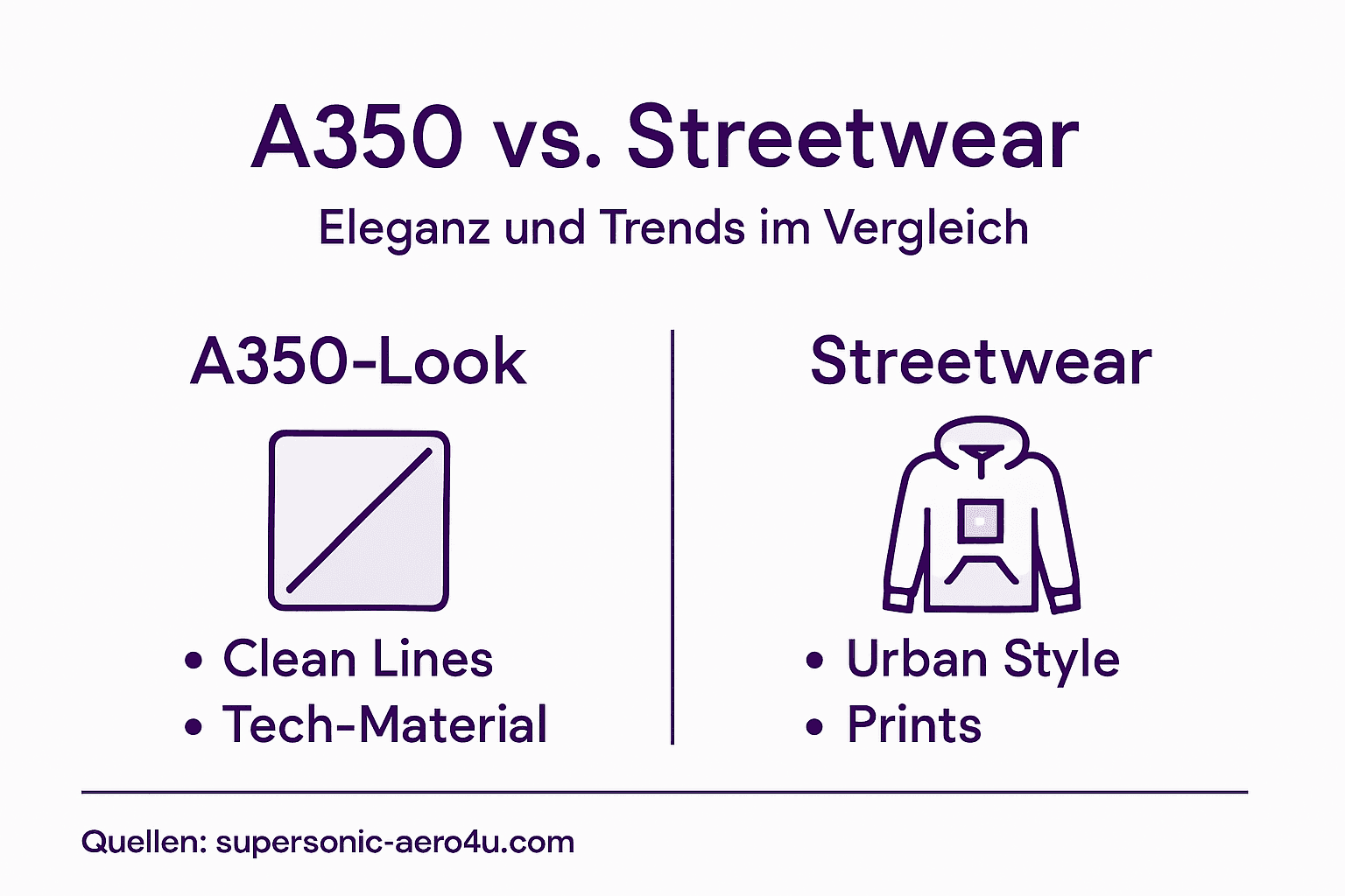 Eine Infografik veranschaulicht, wie sich der A350-Style im Vergleich zu typischer Streetwear macht.