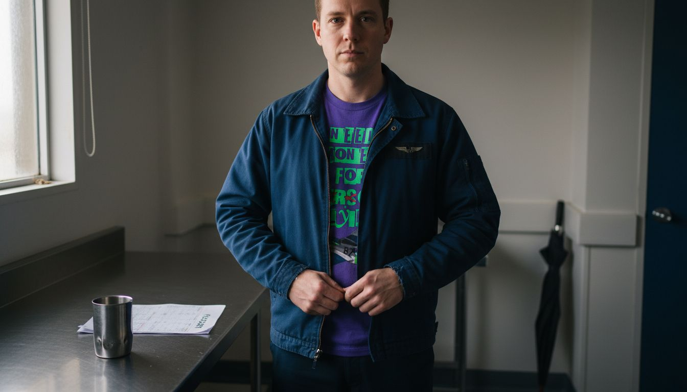 Ein Pilot im blauen Crew-Jacket zieht den Reißverschluss zurecht.