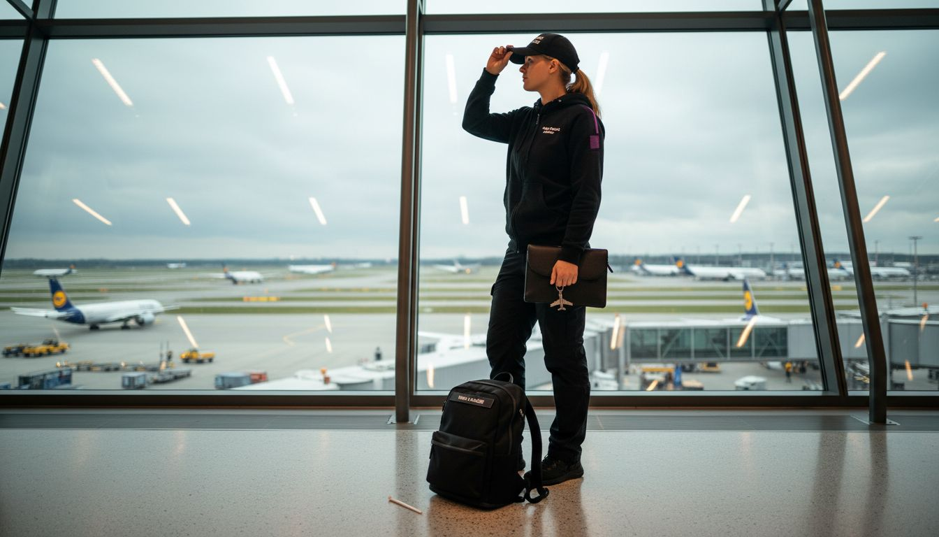 Eine Frau im gemütlichen Kapuzenpulli wartet entspannt im Flughafenterminal auf ihren Flug.