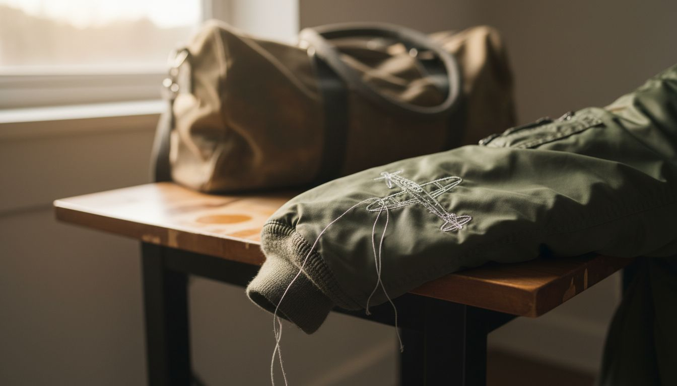 Detailansicht: Flugzeug-Stickerei auf dem Ärmel einer Bomberjacke