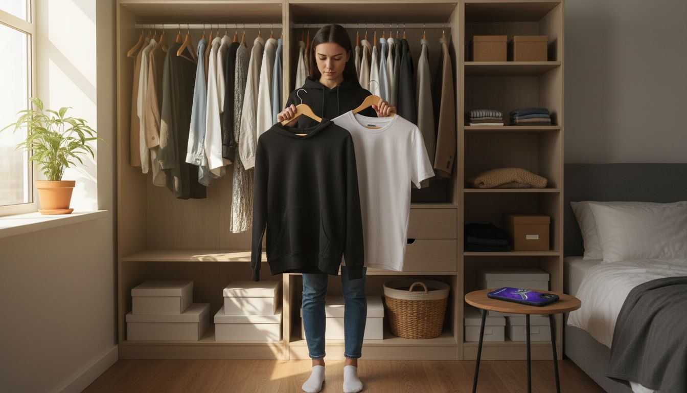 Eine Frau stellt sich ein Outfit aus ihrer minimalistischen Garderobe zusammen.