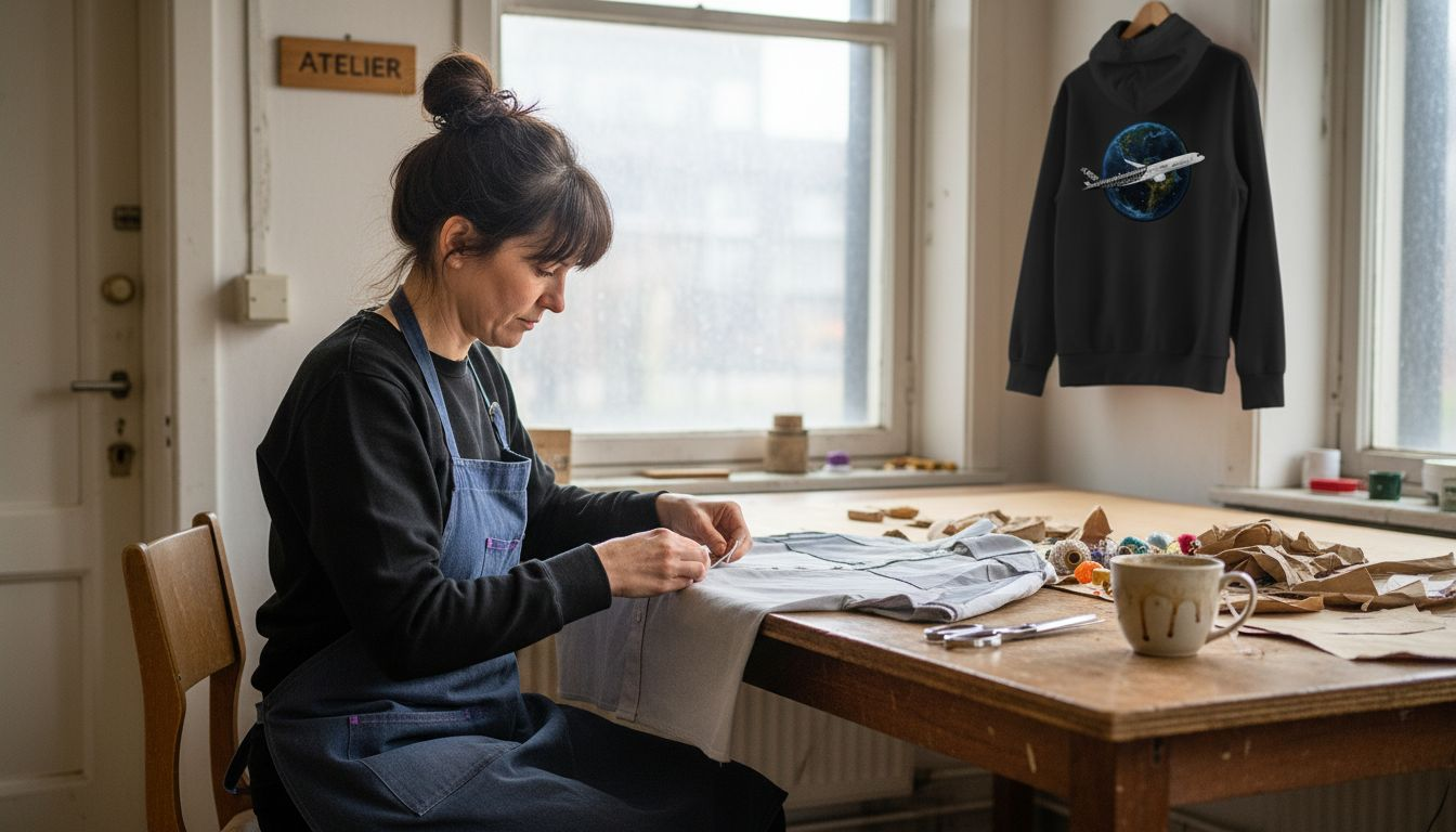 Eine Schneiderin prüft sorgfältig ein technisch ausgeklügeltes Hemd, dessen Design von der Luftfahrt inspiriert ist.