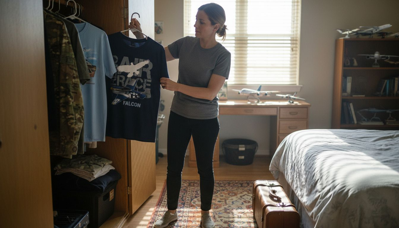 Eine Frau schaut sich verschiedene Designs für Piloten-Shirts an und vergleicht sie miteinander.