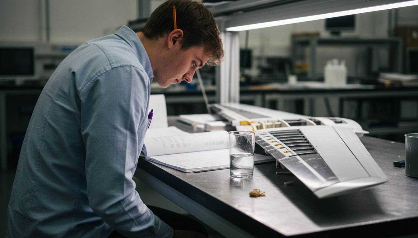 Im Labor nimmt ein Ingenieur das Flügelmodell des Airbus A350 genau unter die Lupe.