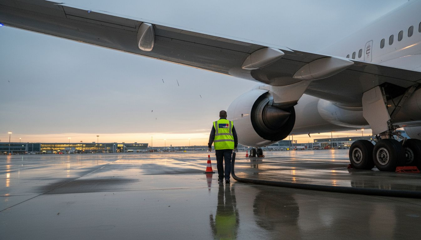 Ein Crewmitglied steht am beleuchteten Flügel einer Dreamliner.