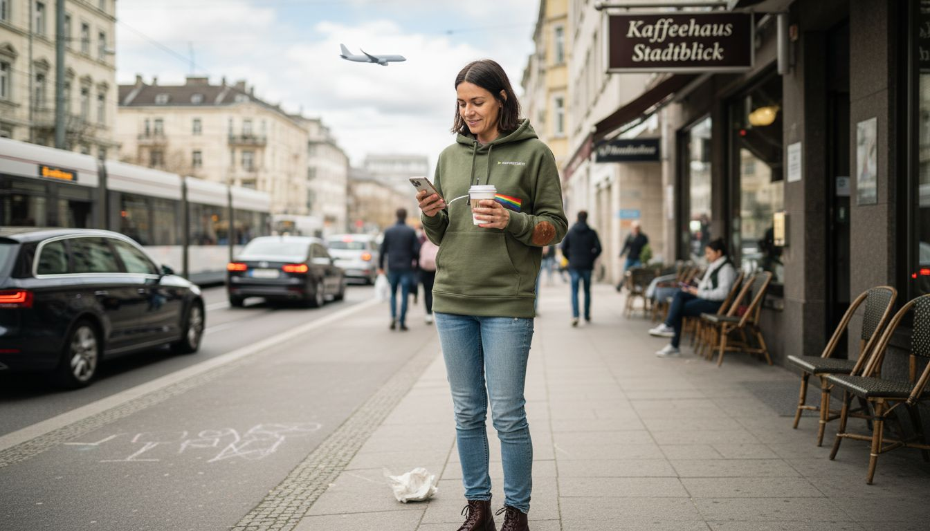 Eine Frau trägt einen Piloten-Hoodie und schlendert durch die Stadt.