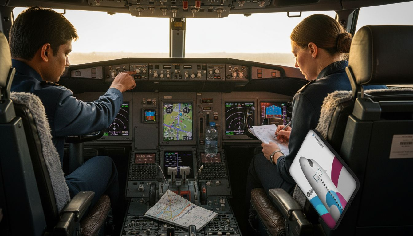 Ein Pilot sitzt im Cockpit eines Airbus und prüft konzentriert seine Checkliste, bevor der Flug startet.