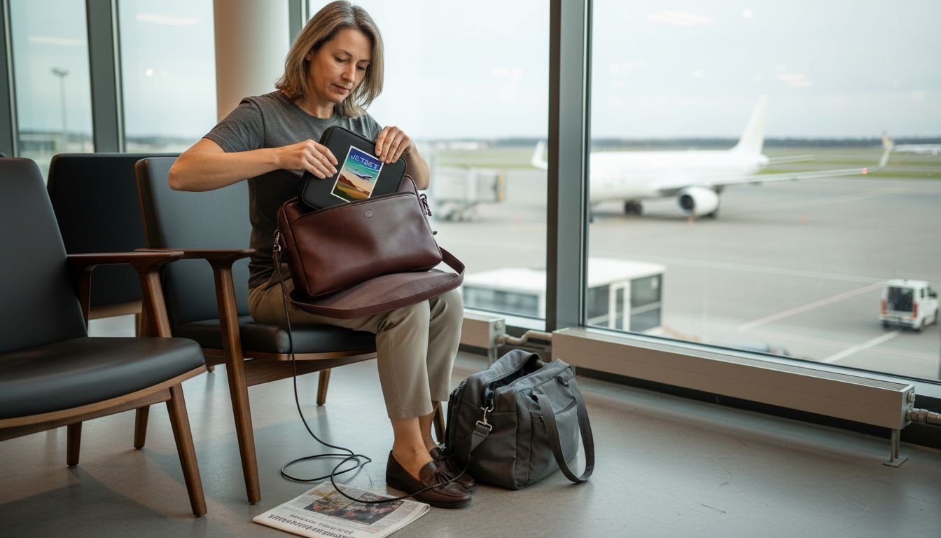 Eine Frau sortiert ihre Laptoptasche in der Flughafen-Lounge und bereitet sich auf ihren Flug vor.