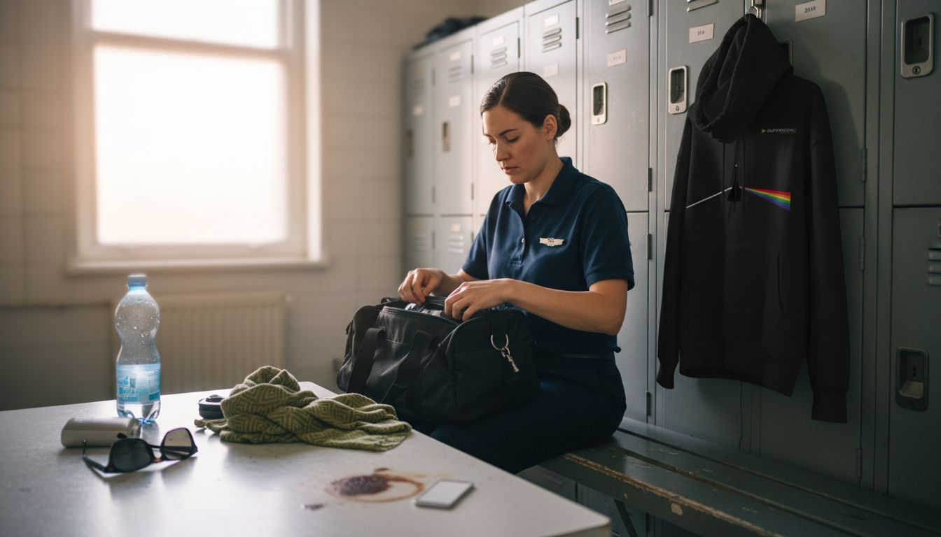 Eine Flugbegleiterin in Uniform macht Pause im Aufenthaltsraum.