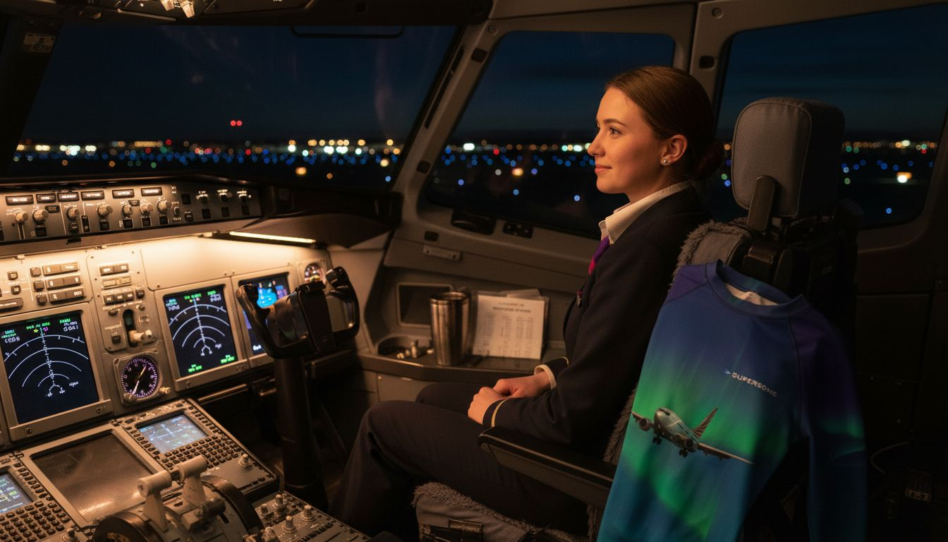 Eine Flugbegleiterin begleitet den nächtlichen Landeanflug im Cockpit.