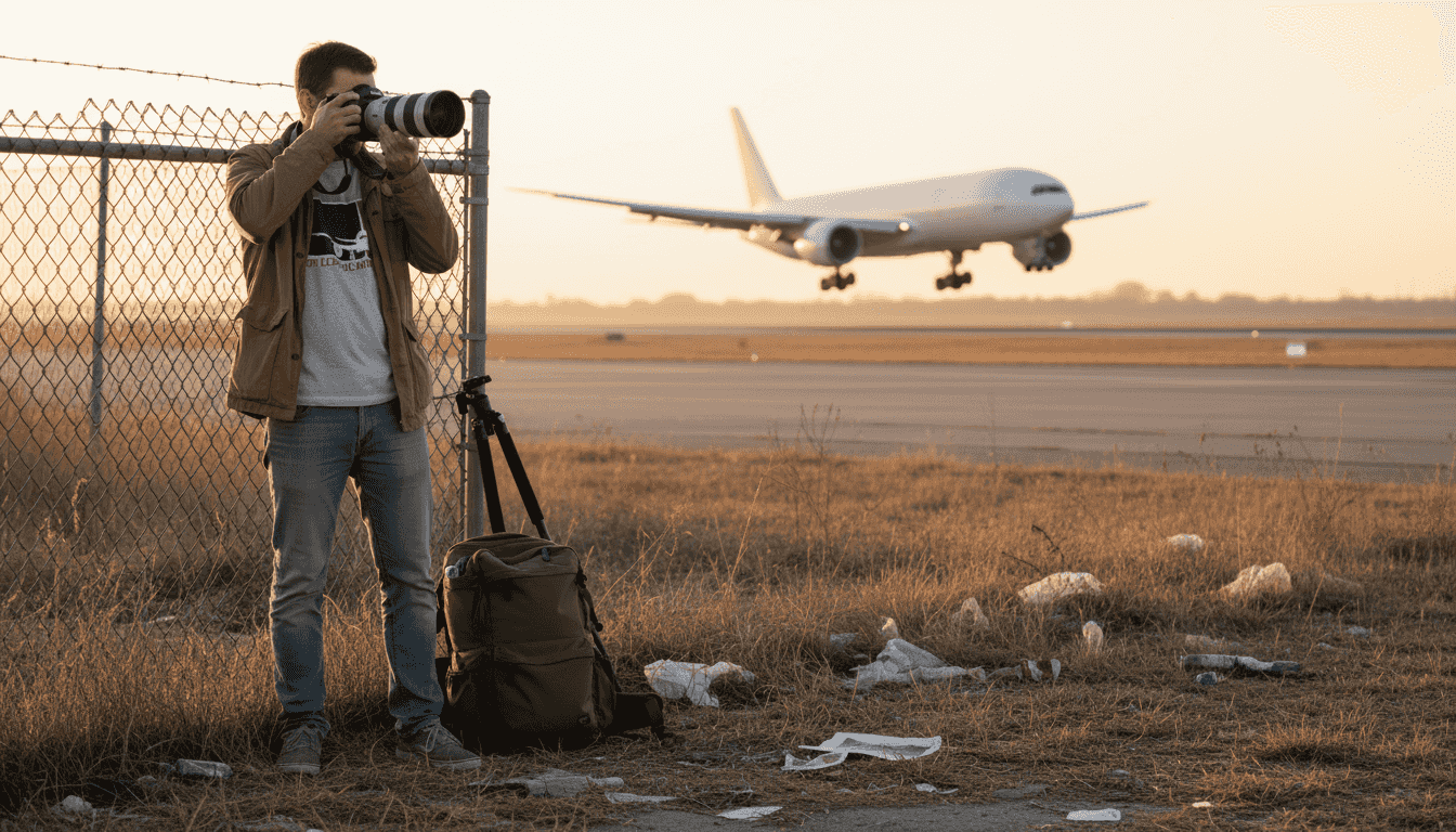 Ein Flugzeugfan hält den perfekten Moment fest, als eine Maschine im goldenen Abendlicht zur Landung ansetzt.