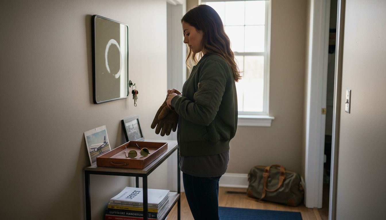 Eine Frau probiert eine Bomberjacke an und prüft, ob sie damit wie eine Pilotin aussieht.