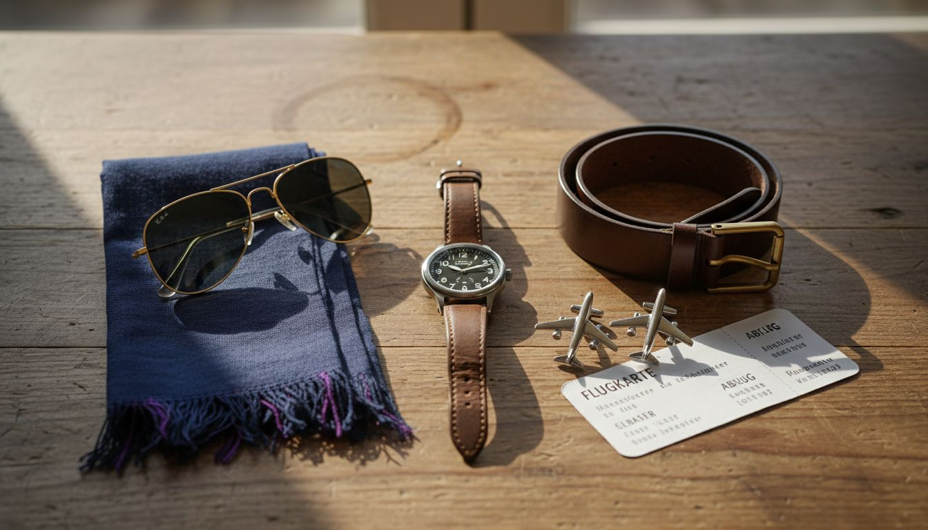 Aufnahme einer stilvoll arrangierten Auswahl an Flieger-Accessoires auf einem Tisch