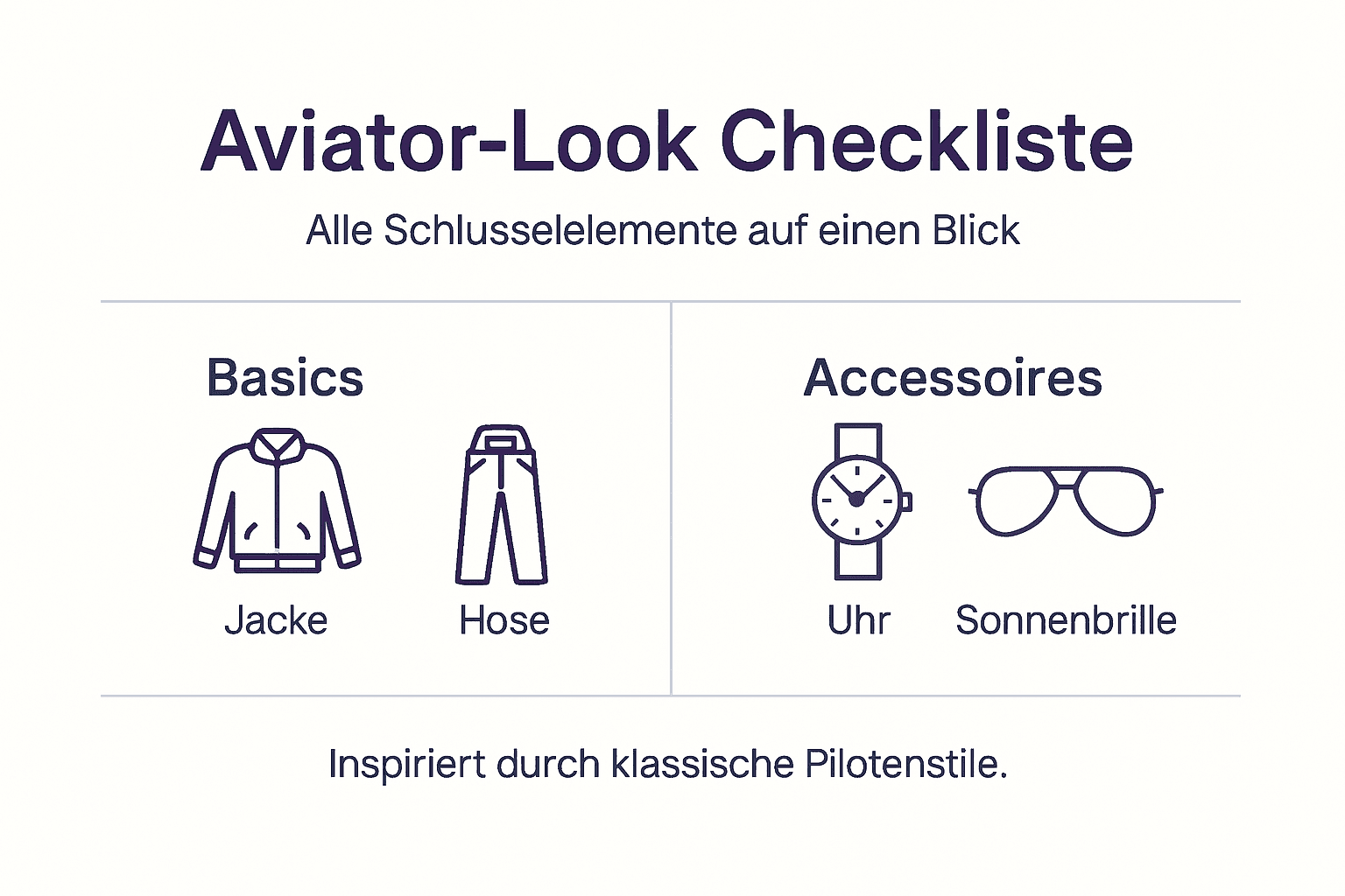 Infografik: Kategorien und Checkliste im angesagten Aviator-Stil