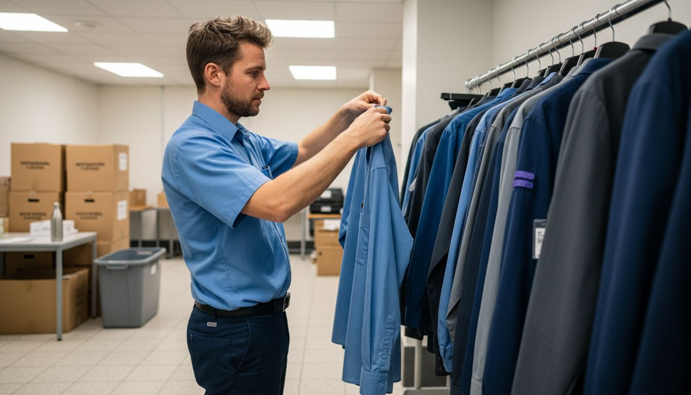 Eine Mitarbeiterin der Fluggesellschaft begutachtet ihre nachhaltige Dienstkleidung in der Pause.