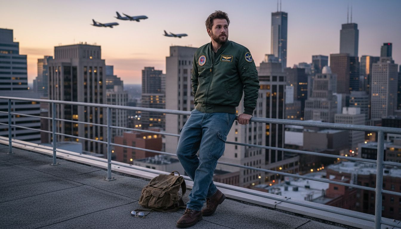 Stylische Streetwear trifft auf urbane Rooftop-Atmosphäre – eine Szene, in der angesagte Mode und futuristische Flugtechnologie das Stadtbild prägen.