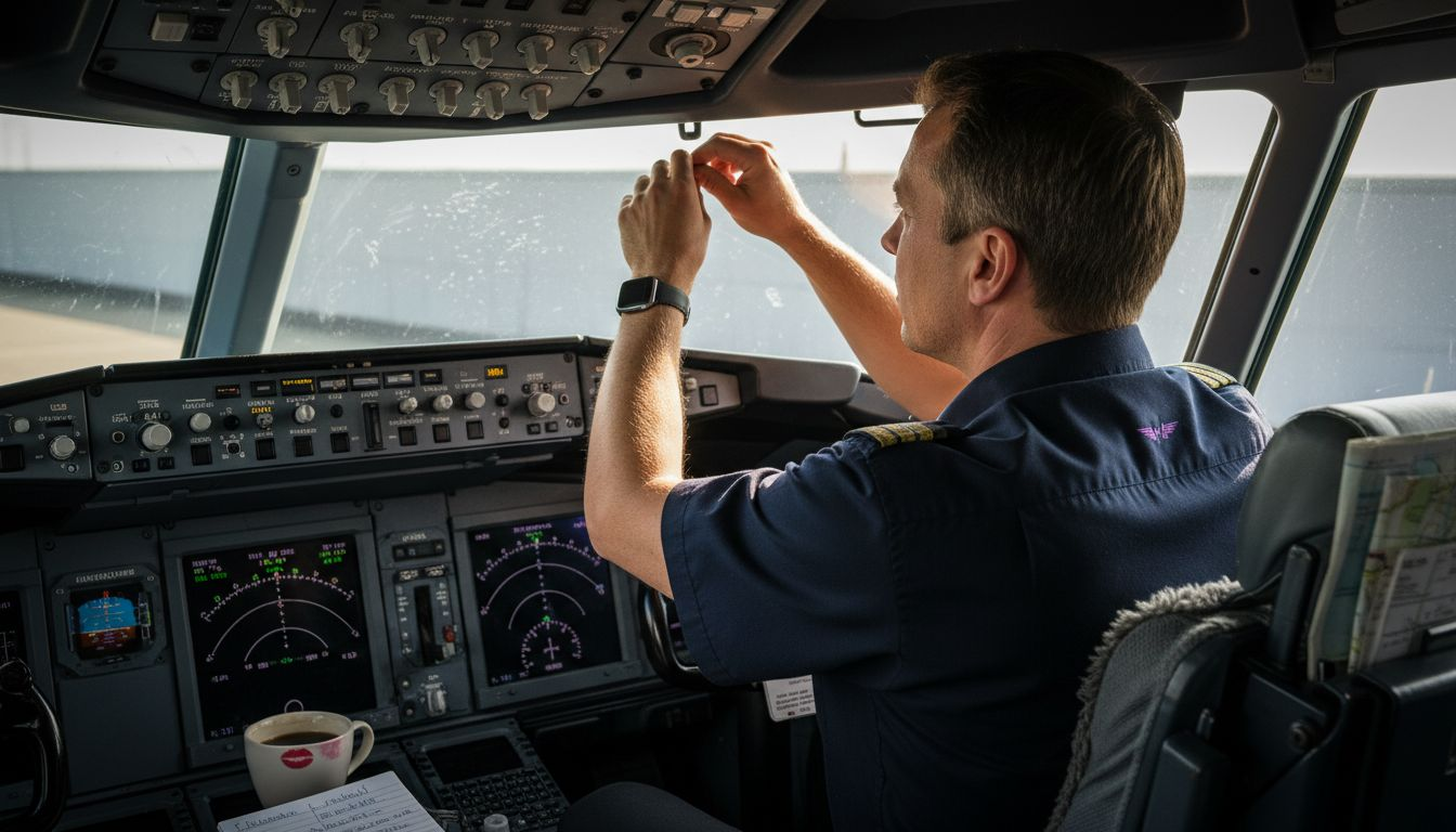 Ein männlicher Co-Pilot sitzt im Cockpit, umgeben von elektrischen Instrumenten im Wasabi-Design.