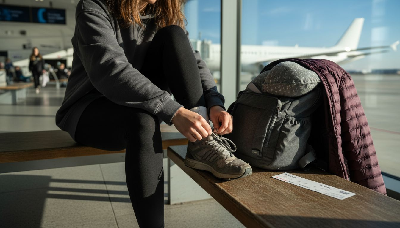 Nahaufnahme: Frau richtet ihr Reiseoutfit am Gate zurecht