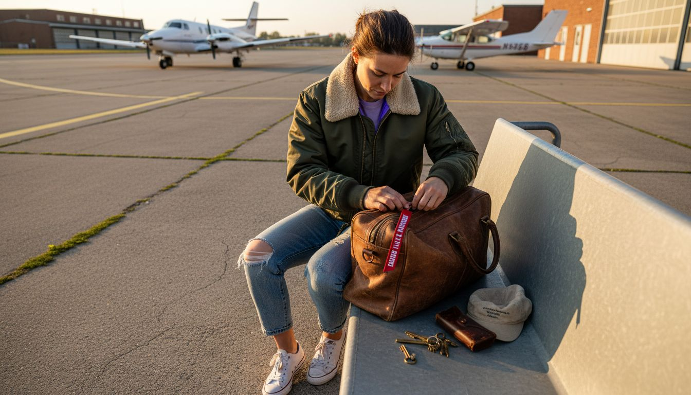 Ein Pilot befestigt einen Flugzeug-Schlüsselanhänger an seiner Lederreisetasche.