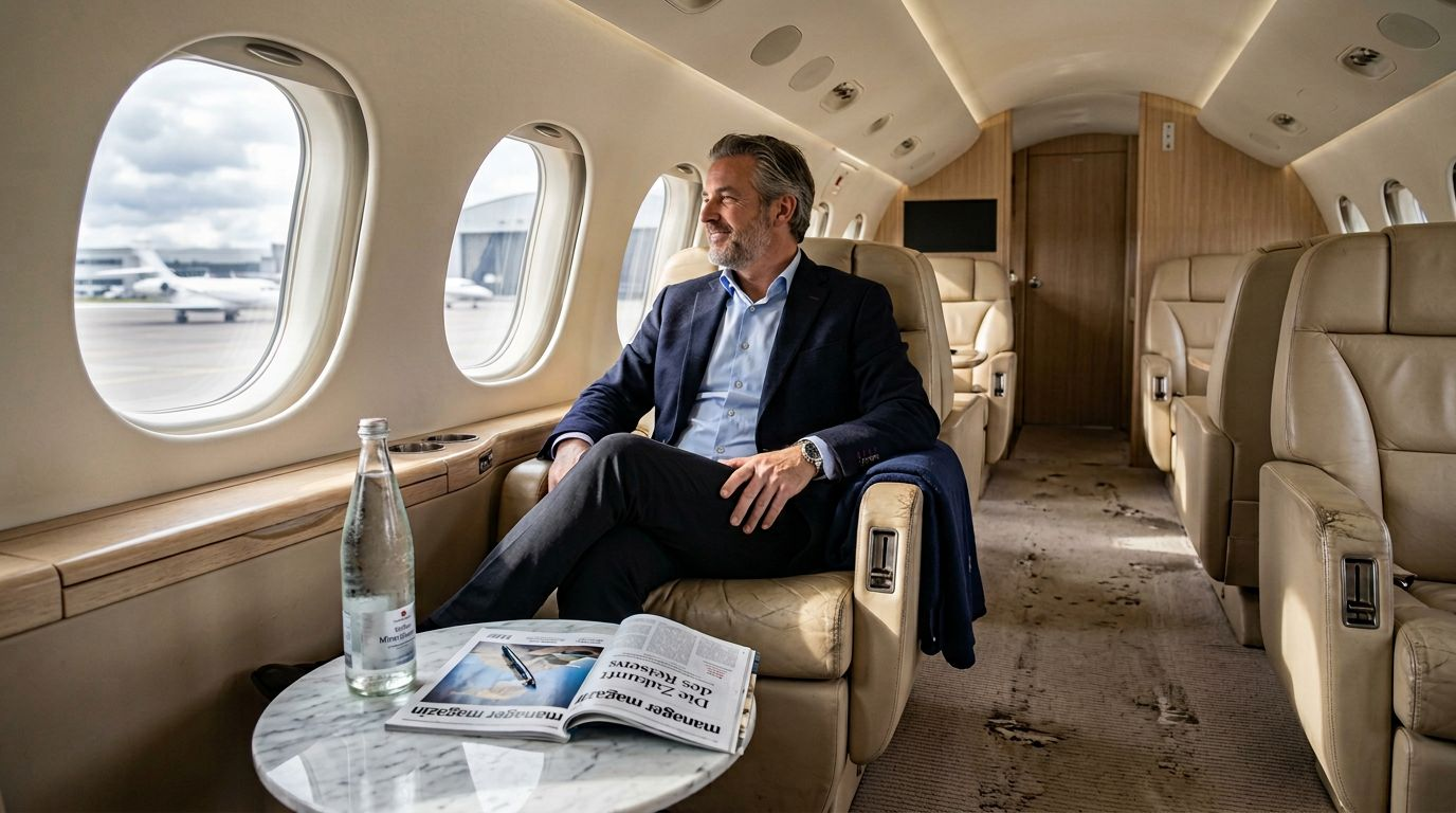 Geschäftsreisende genießen höchsten Komfort in der großzügigen Kabine der Falcon 10X.