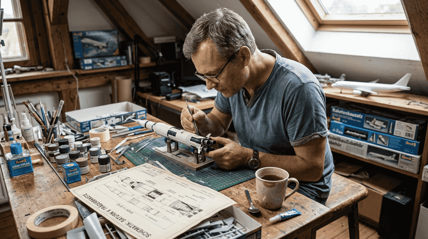 Ein Mann bastelt an seinem Modellraketen-Projekt an einem vollgestellten Schreibtisch.