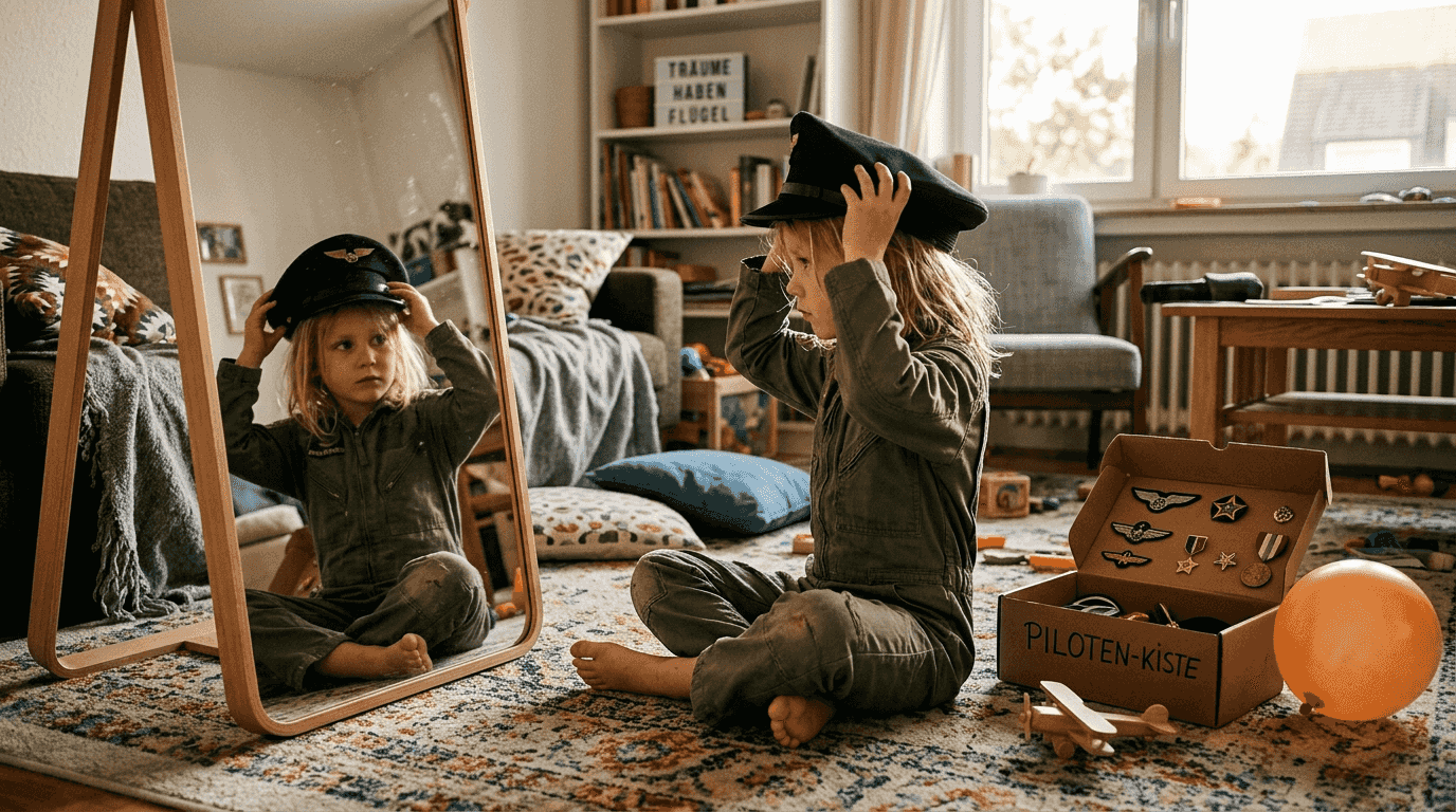 Ein Mädchen zieht im Wohnzimmer einen Fliegeranzug an und schaut, wie er ihr steht.