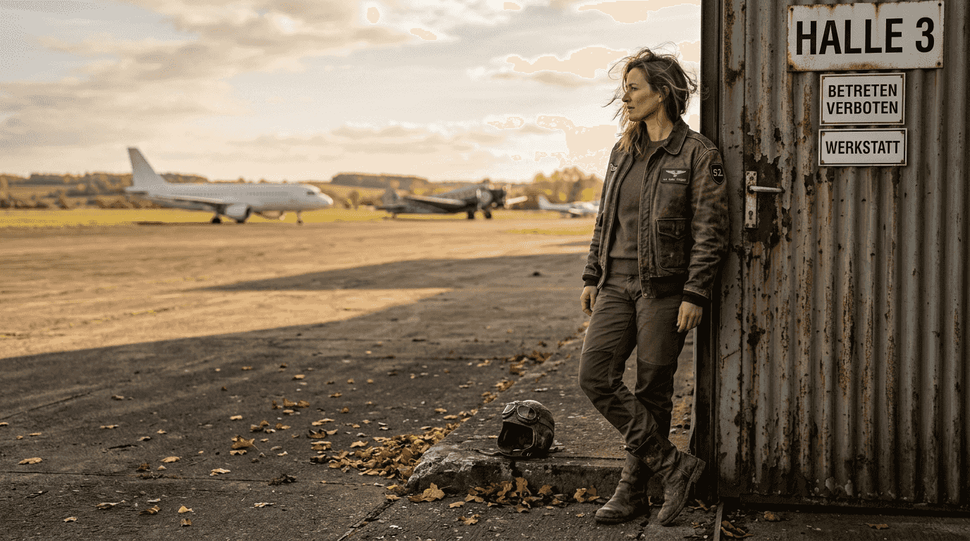 Eine Frau in einer klassischen A-2-Lederjacke steht vor einem Flugzeughangar.