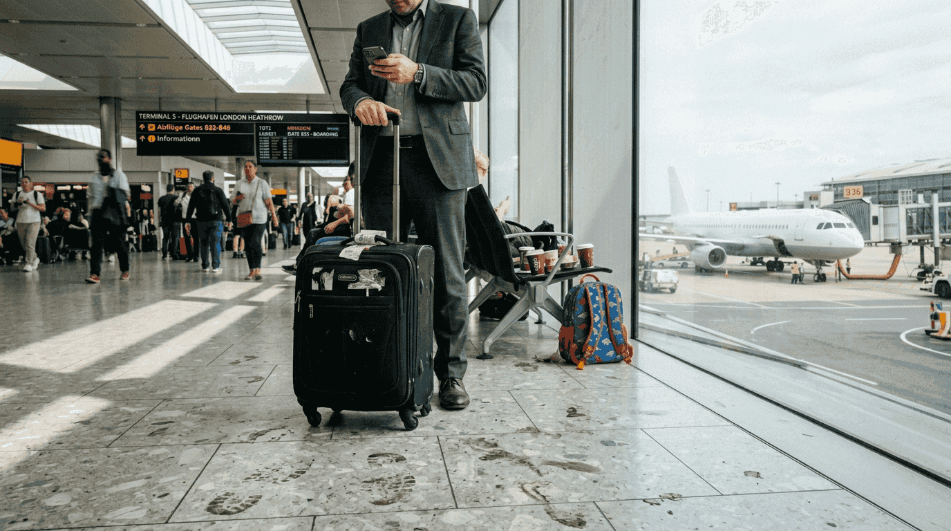 Ein Reisender blickt durch die großen Fenster auf das geschäftige Treiben im Terminal von Heathrow.