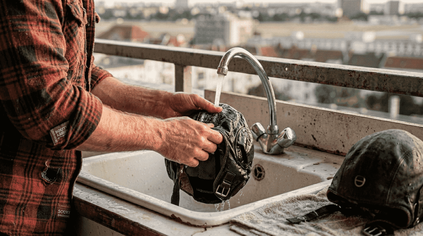 Ein Mann spült seine Fliegermütze am Waschbecken auf dem Balkon aus.