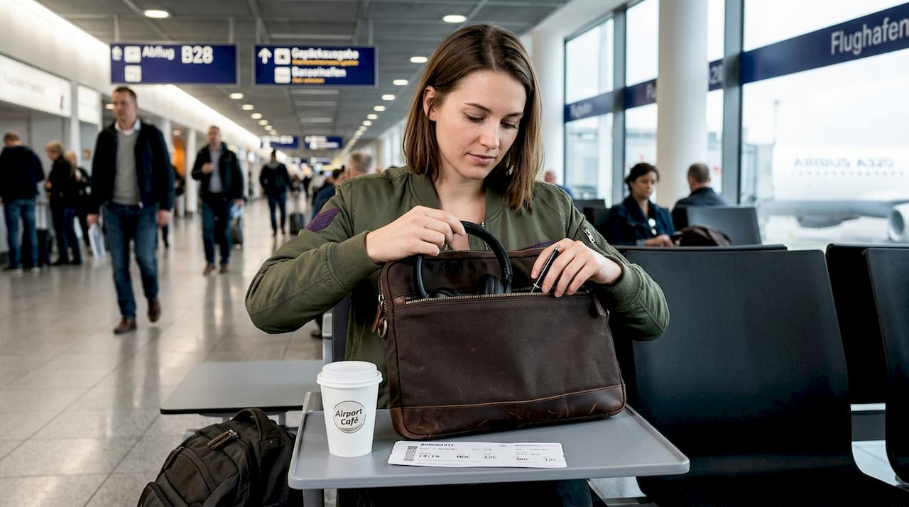 Eine Frau trägt eine Pilotenjacke am Flughafen.