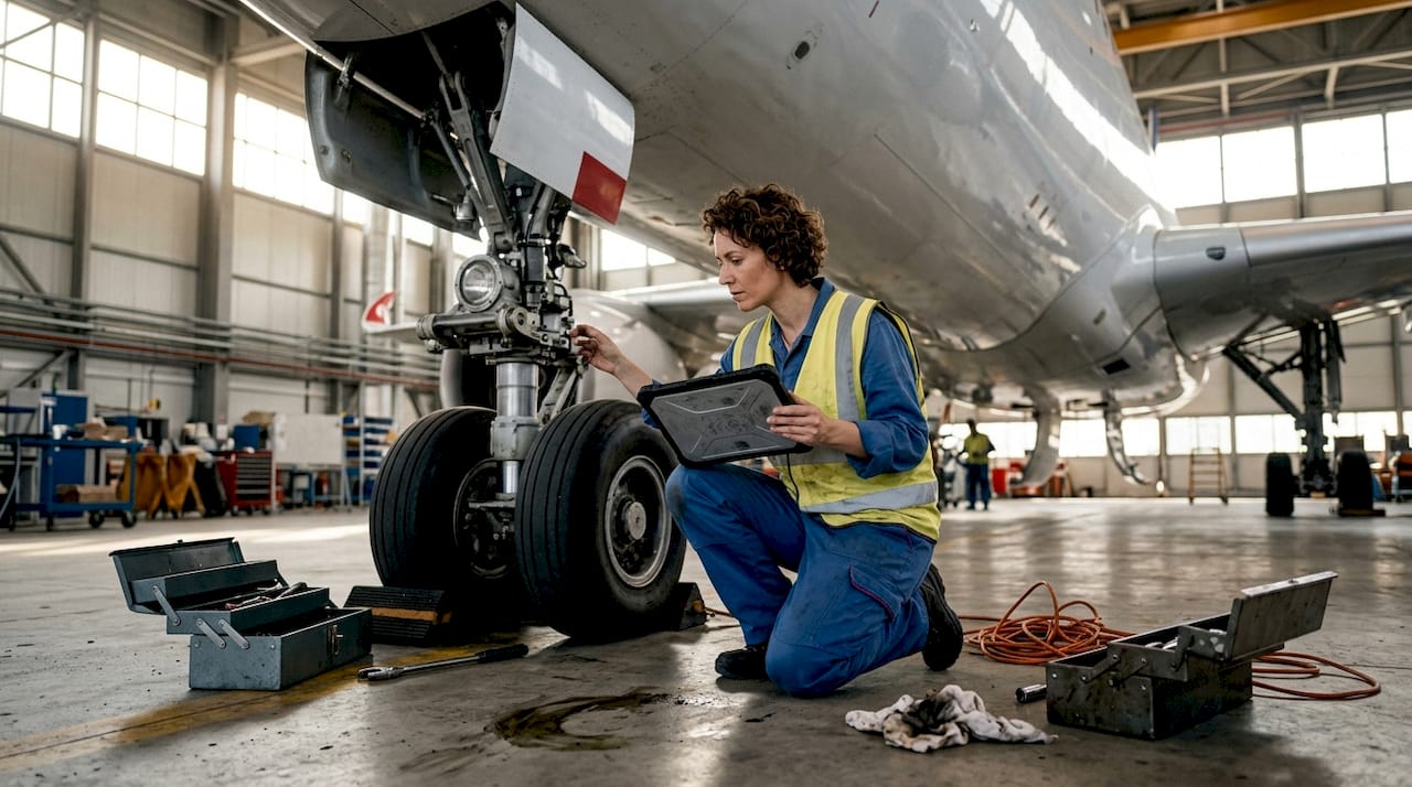 Ein Techniker überprüft ein modernes Lufthansa-Flugzeug am Rollfeld.